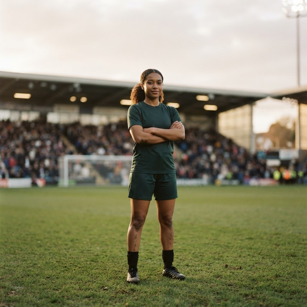 A women's football player standing on the pitch